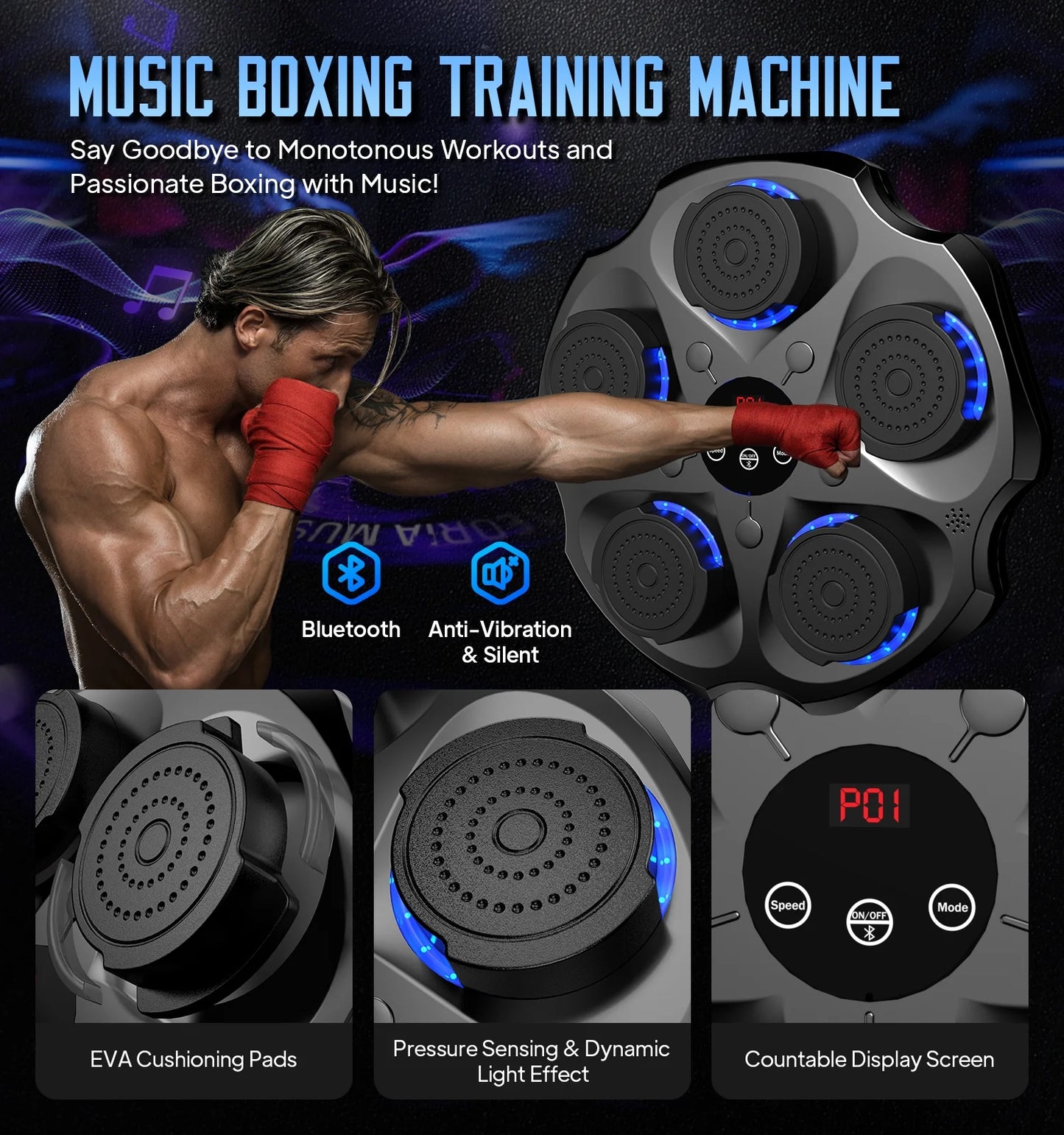 Smart Music Boxing Machine with Gloves Bluetooth Wall-Mounted Boxing Trainer for Interactive Home Workouts