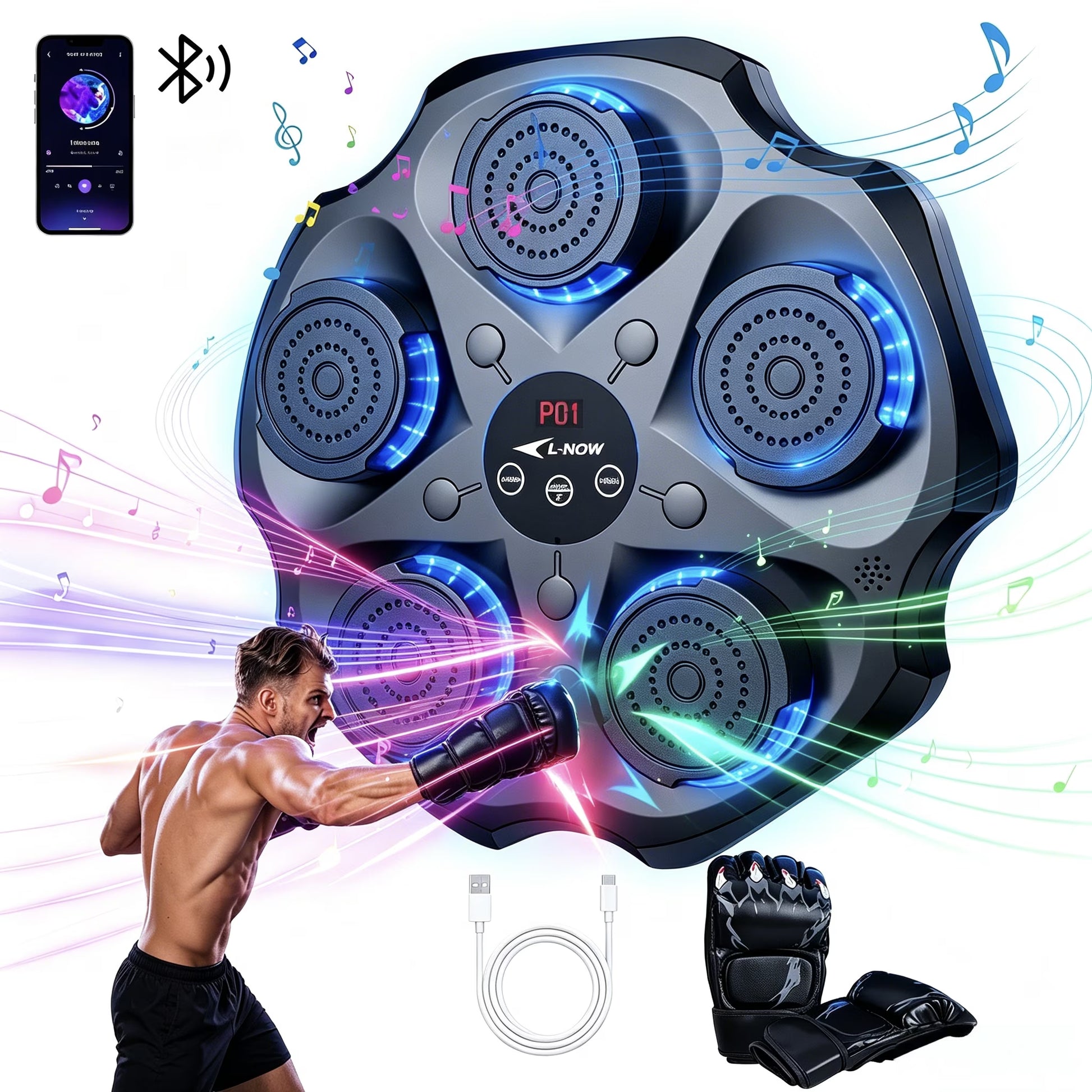 Smart Music Boxing Machine with Gloves Bluetooth Wall-Mounted Boxing Trainer for Interactive Home Workouts